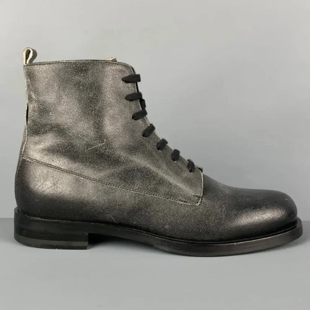 EMPORIO ARMANI Size 10 Black Distressed Leather Lace-Up Boots